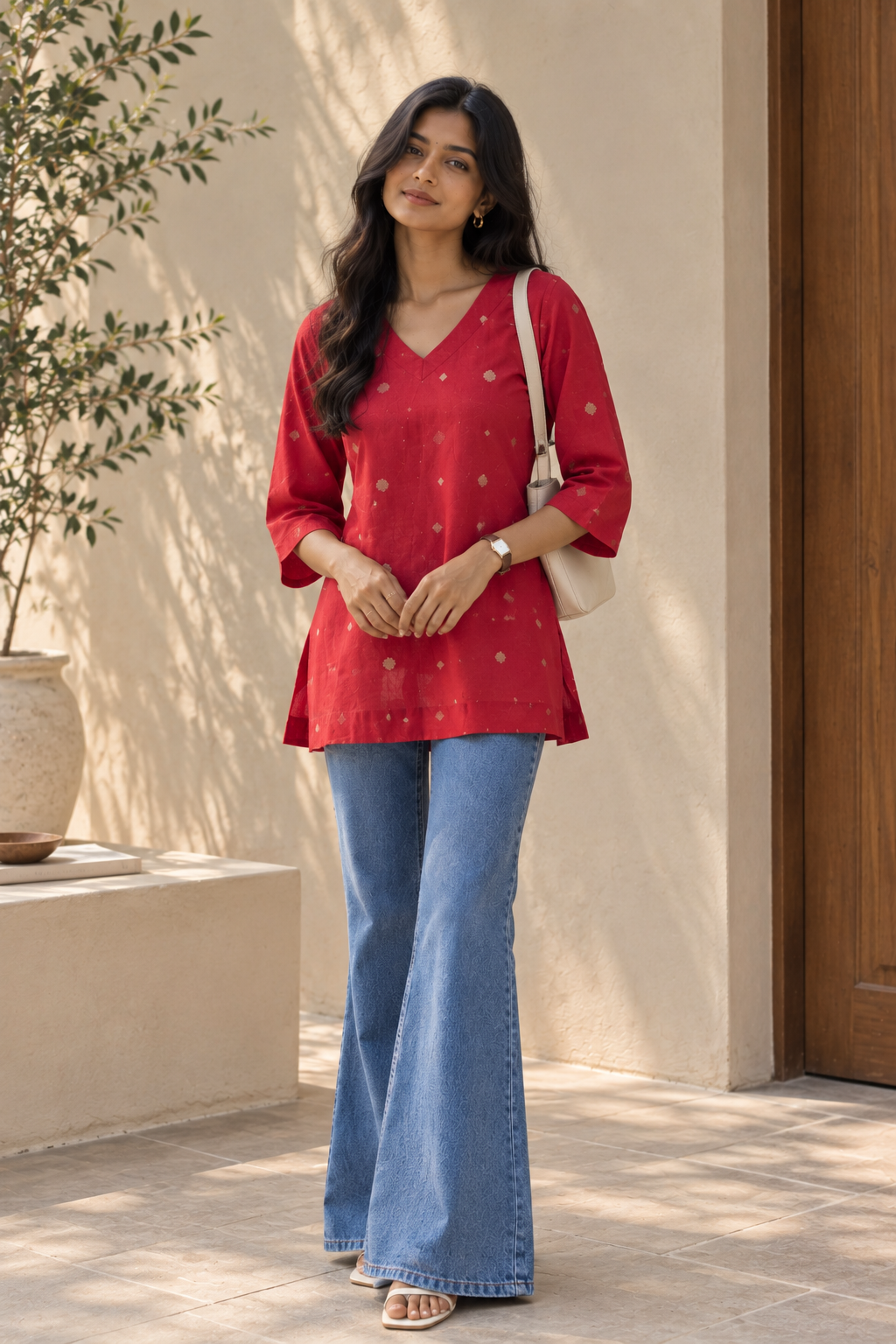 Ruby Red Handloom Cotton V-Neck Top