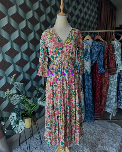Cream Floral Cut-out Waist Dress