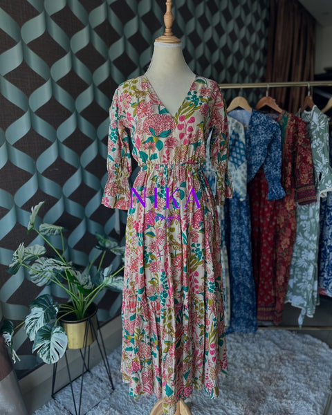 Cream Floral Cut-out Waist Dress