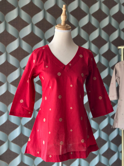 Ruby Red Handloom Cotton V-Neck Top