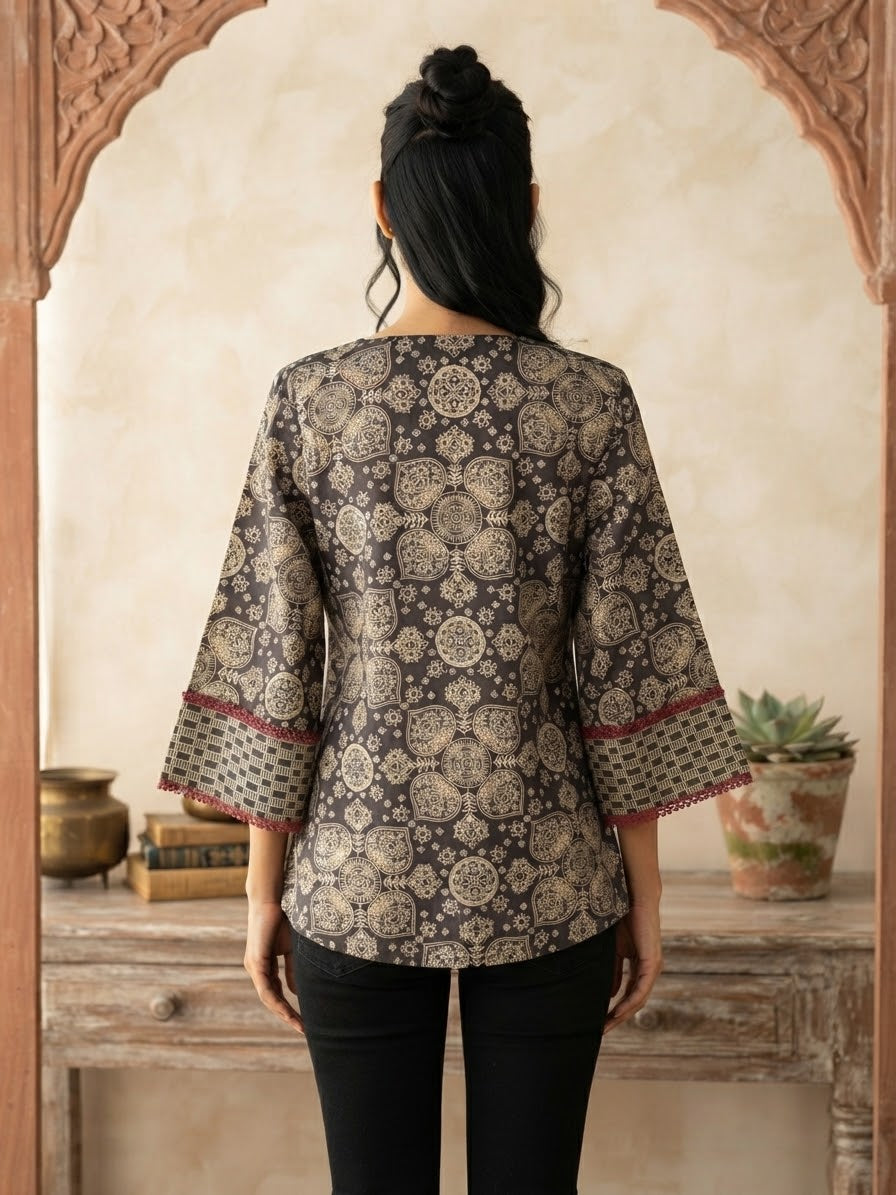 Dark Brown Floral Cotton Top