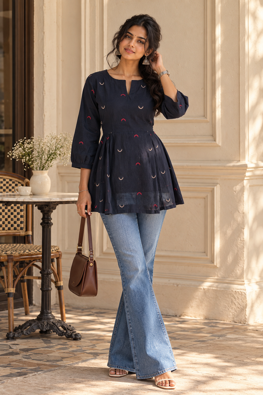 Black Handloom Cotton Long-Sleeve Top
