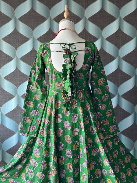 Green Cotton Elephant Anarkali