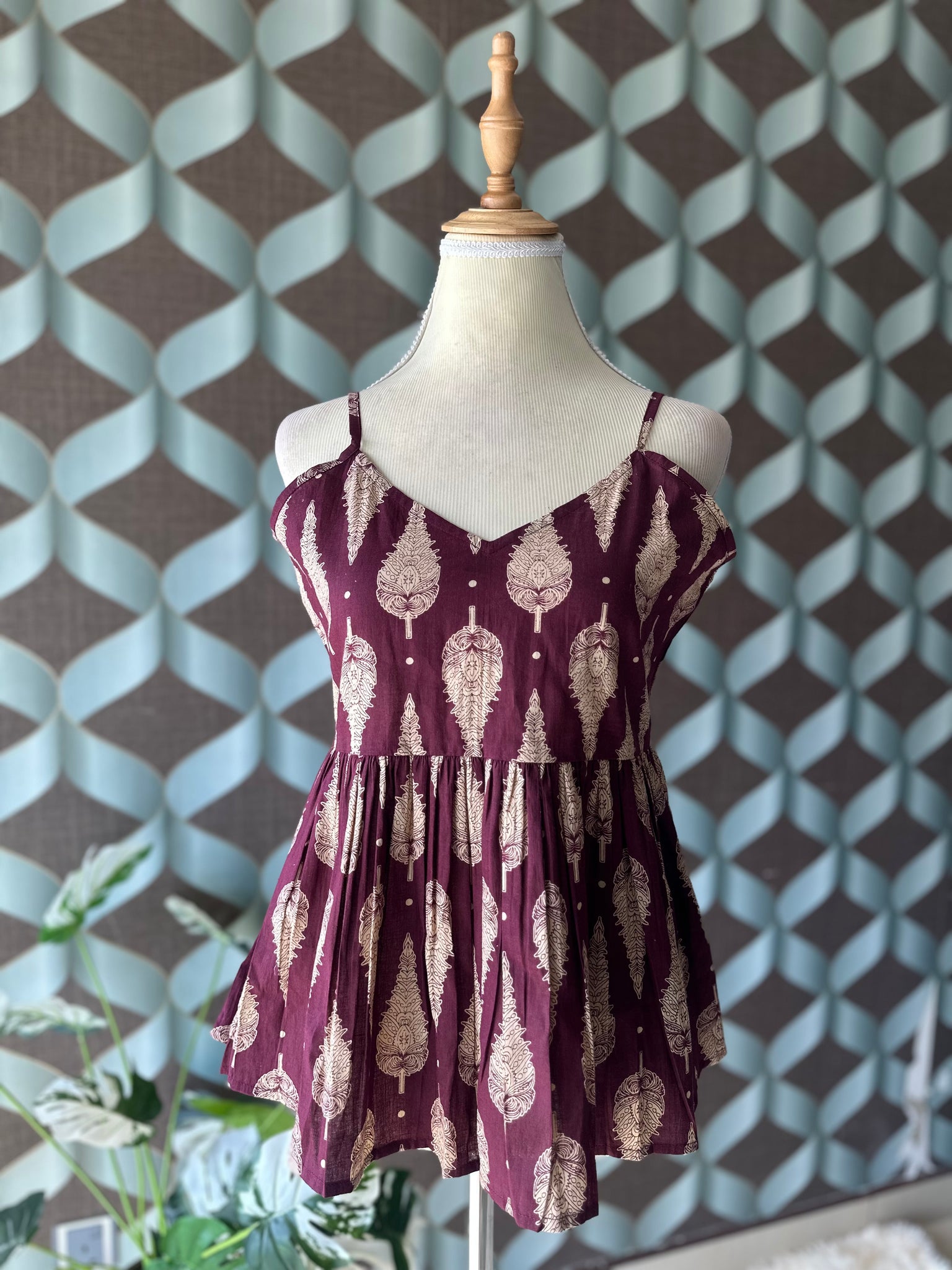 Maroon Red Butta Strap Top