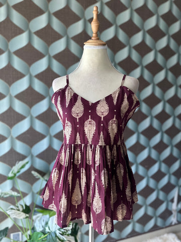 Maroon Red Butta Strap Top