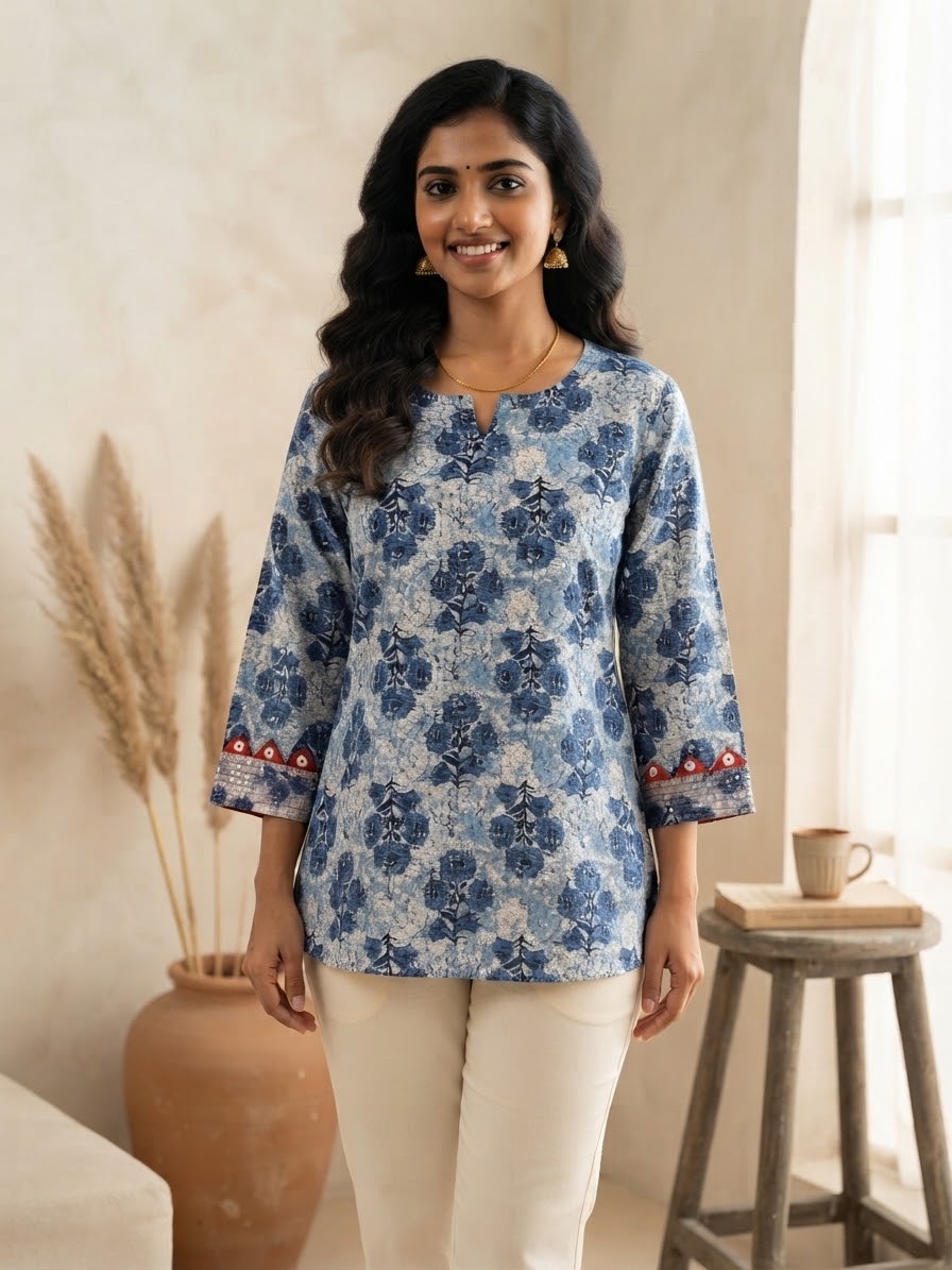 Blue Floral Cotton Short Top