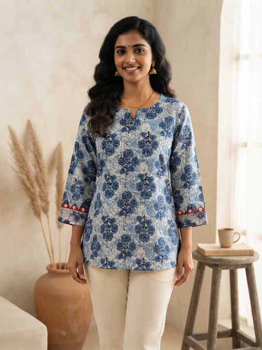 Blue Floral Cotton Short Top