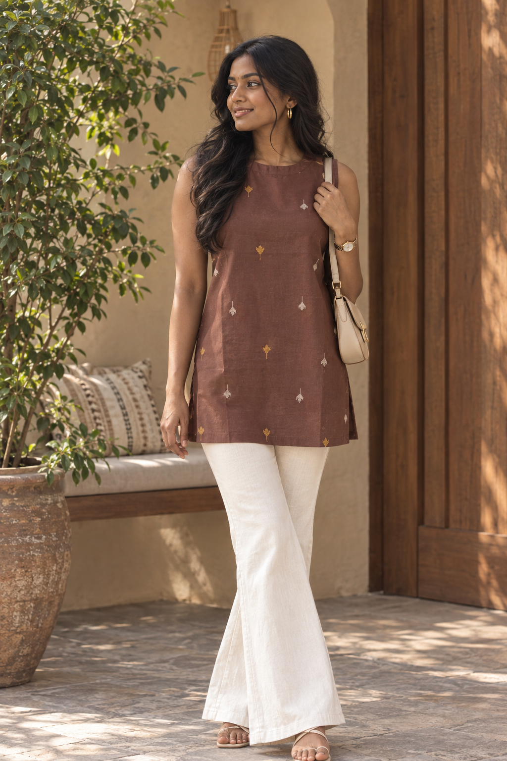 Chocolate Brown Halter Handloom Cotton Short Top