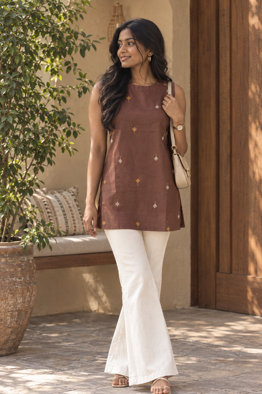 Chocolate Brown Halter Handloom Cotton Short Top