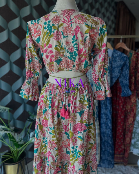 Cream Floral Cut-out Waist Dress