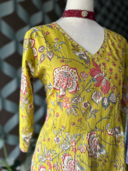 Yellow Floral Cotton Anarkali Suit Set