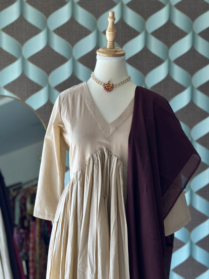 TANIKA Beige Pure Cotton Anarkali Set with Burgundy Mul Cotton Dupatta