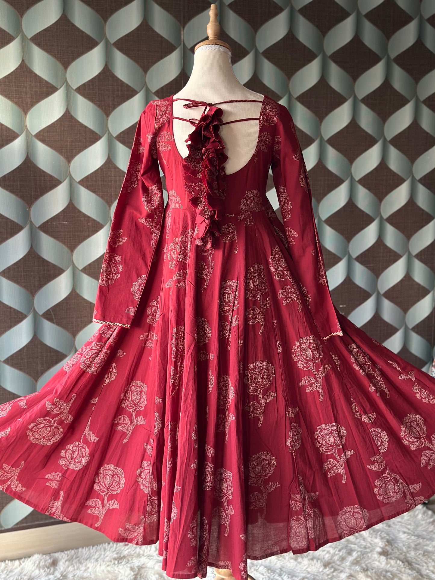 Maroon Red Rose Cotton Anarkali