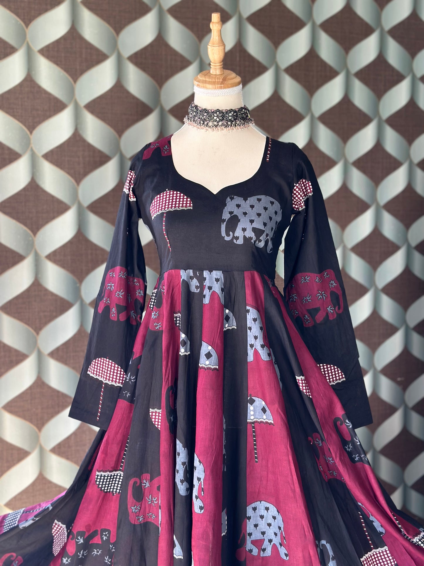 Elephant Print Cotton Anarkali Dress – Black & Burgundy