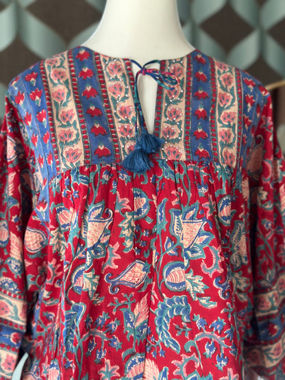 Red Floral Handblock Printed Boho Top