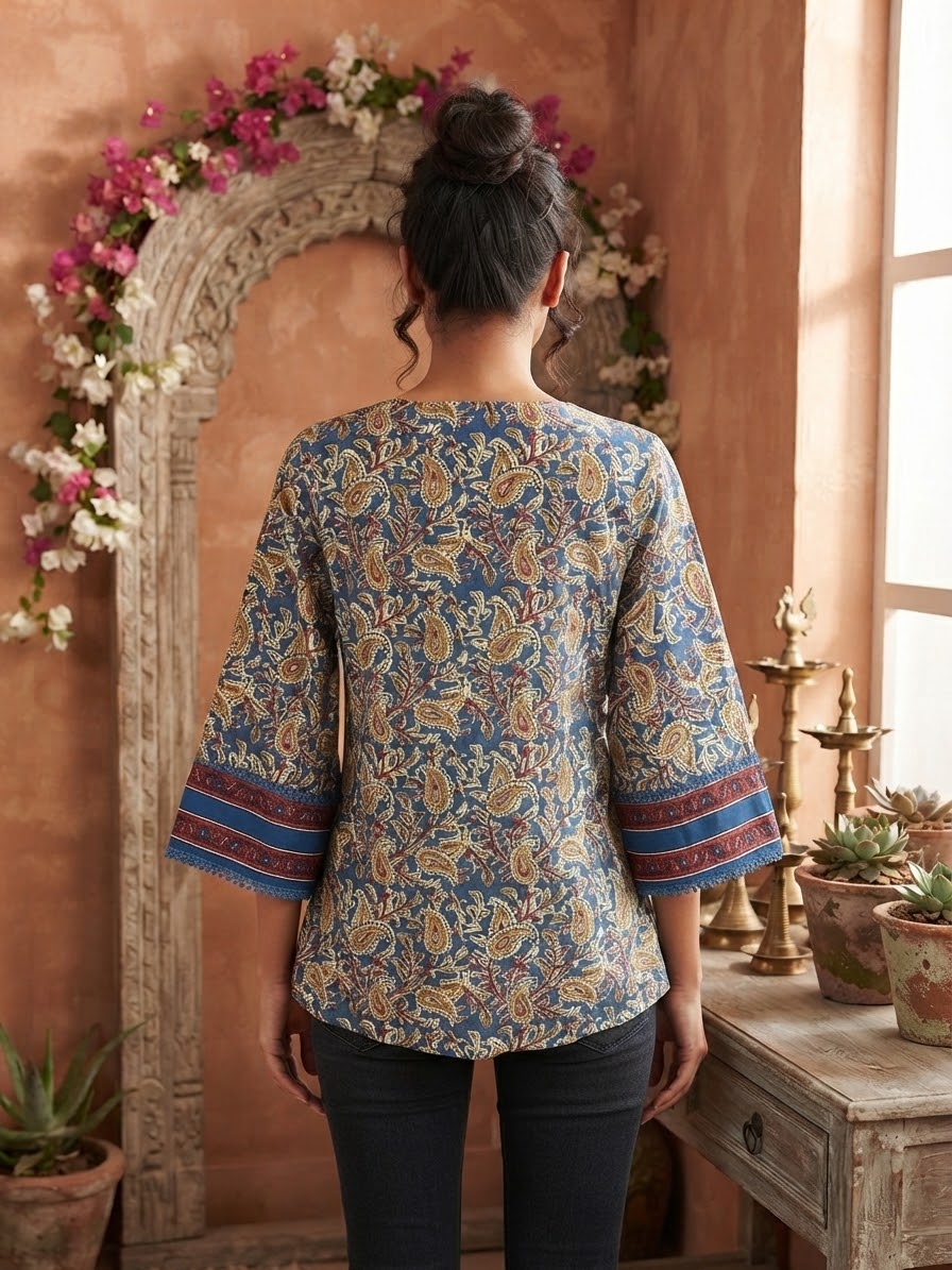 Blue Kalamkari Cotton Short Top