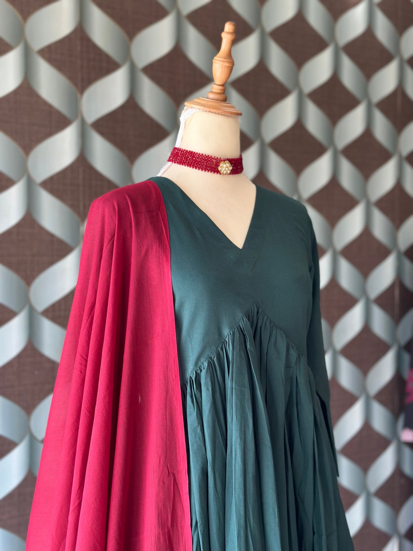TANIKA Dark Green Pure Cotton Anarkali Set with Red Mul Cotton Dupatta