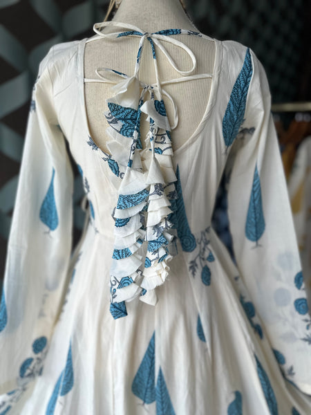 Mul Cotton Blue&Cream Anarkali