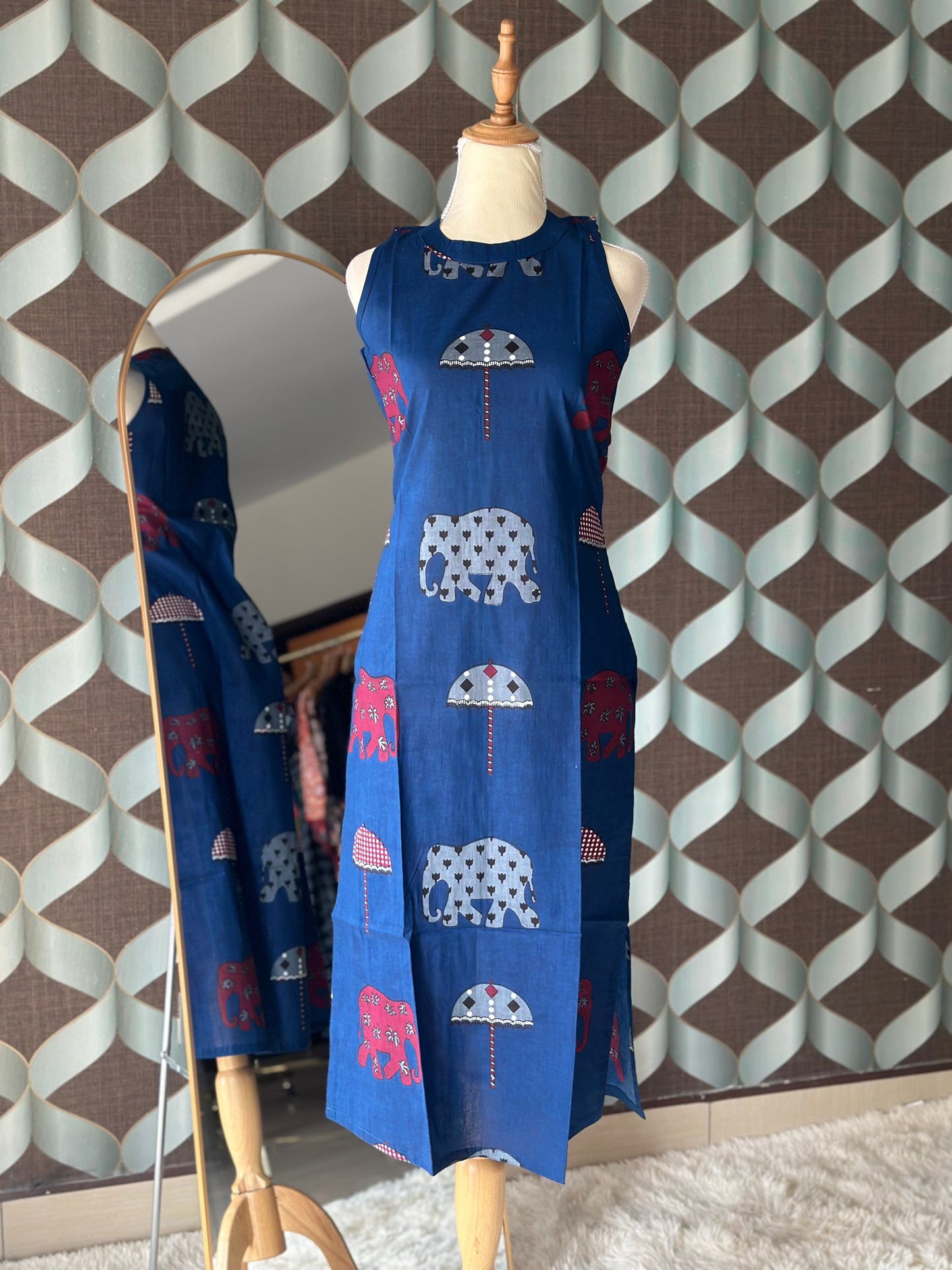 Dark Blue Elep Cotton Halter Neck