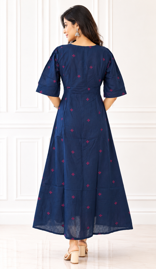 Navy Blue Handloom Cotton A-Line Midi Dress
