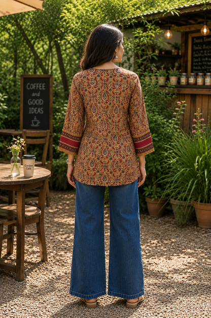 Mustard Kalamkari Cotton Short Top