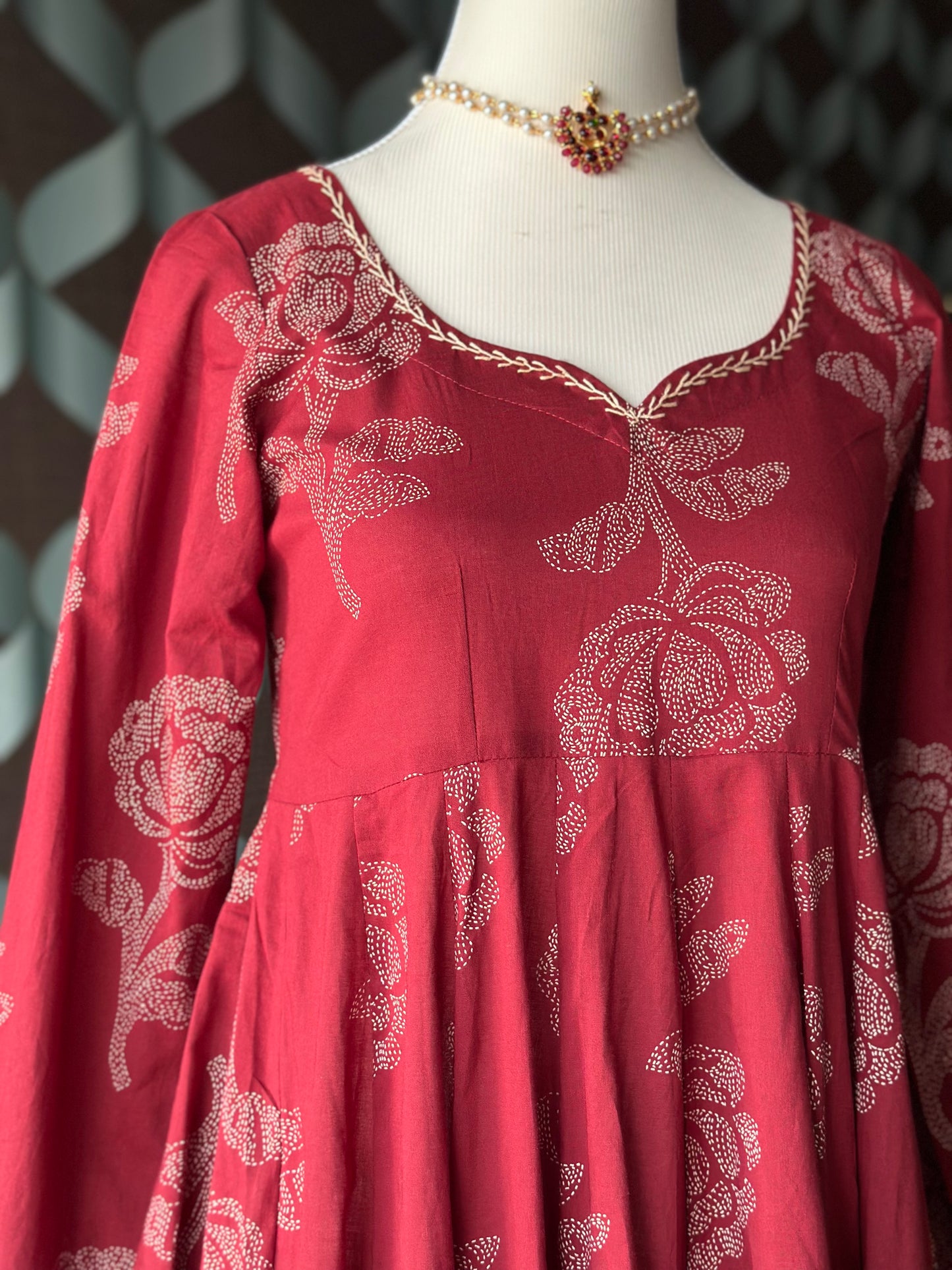 Maroon Red Rose Cotton Anarkali