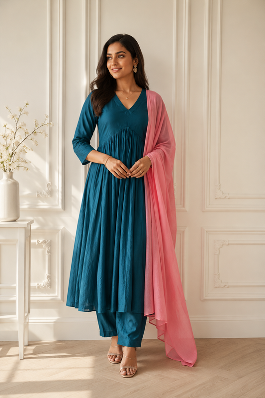 TANIKA Deep Teal Pure Cotton Anarkali Set with Peach Mul Cotton Dupatta