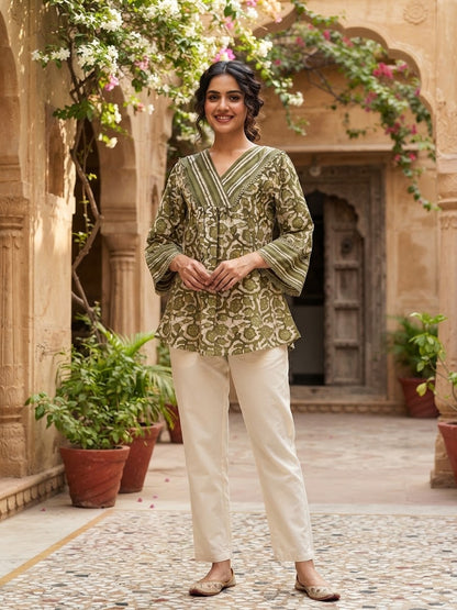 Sage Green Foral Cotton Top