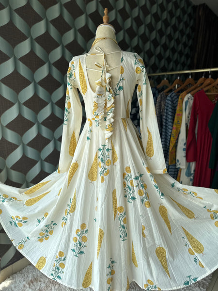 Mul Cotton Yellow&Cream Anarkali