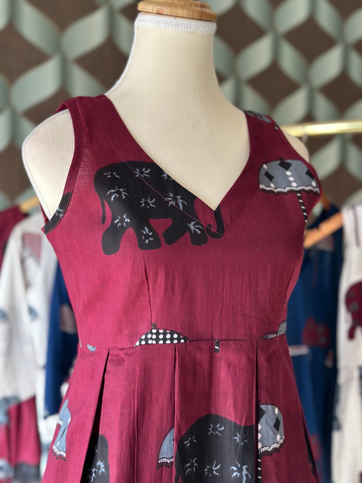 Burgundy Elephant Print Cotton Sleeveless Top