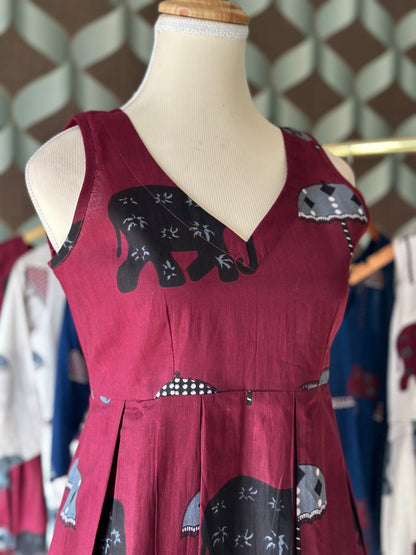 Burgundy Elephant Print Cotton Sleeveless Top