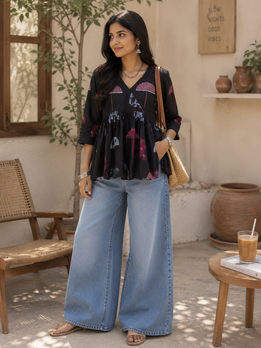 Classic Black Elephant Print Cotton Short Top