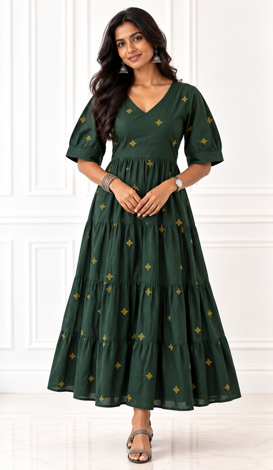 Bottle Green Handloom Cotton Tiered Midi Dress