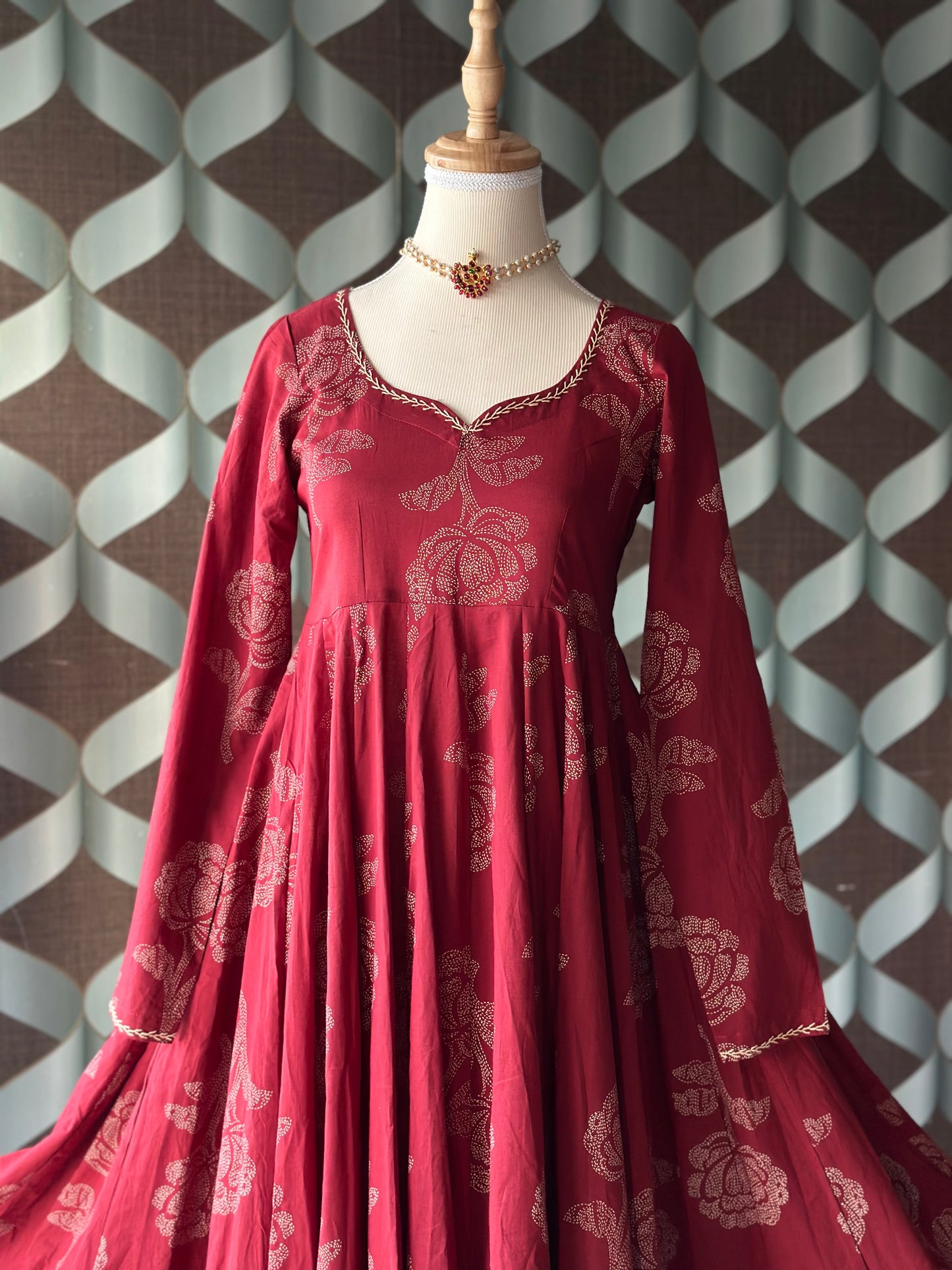 Maroon Red Rose Cotton Anarkali