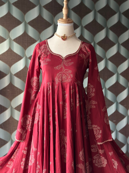 Maroon Red Rose Cotton Anarkali