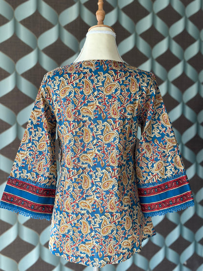 Blue Kalamkari Cotton Short Top