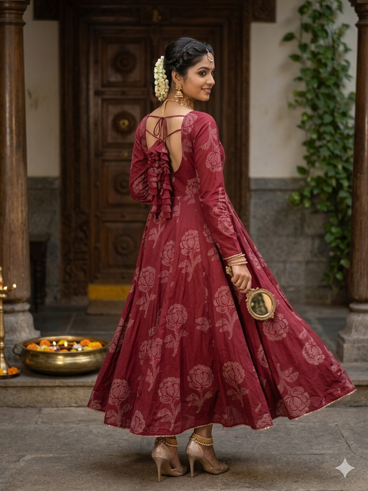 Maroon Red Rose Cotton Anarkali