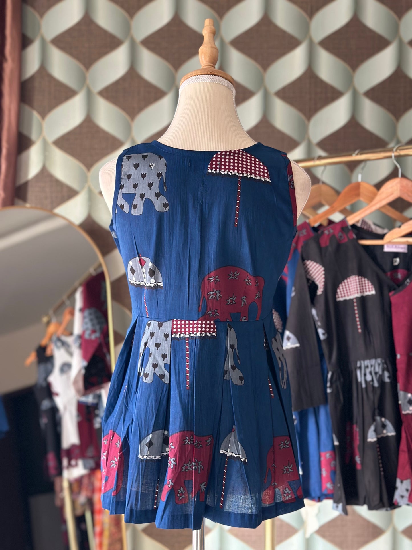 Navy Blue Elephant Print Cotton Sleeveless Top
