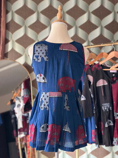 Navy Blue Elephant Print Cotton Sleeveless Top