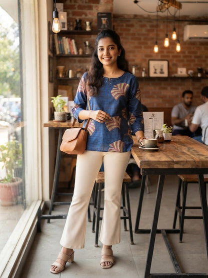 Berry Blue Printed Cotton Short Top