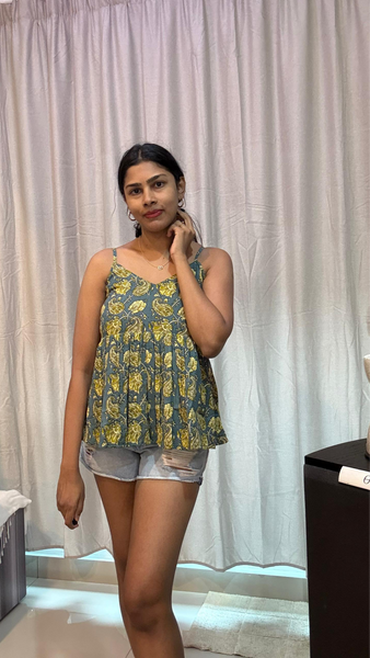 Paisley Teal Blue&Yellow Strap Top