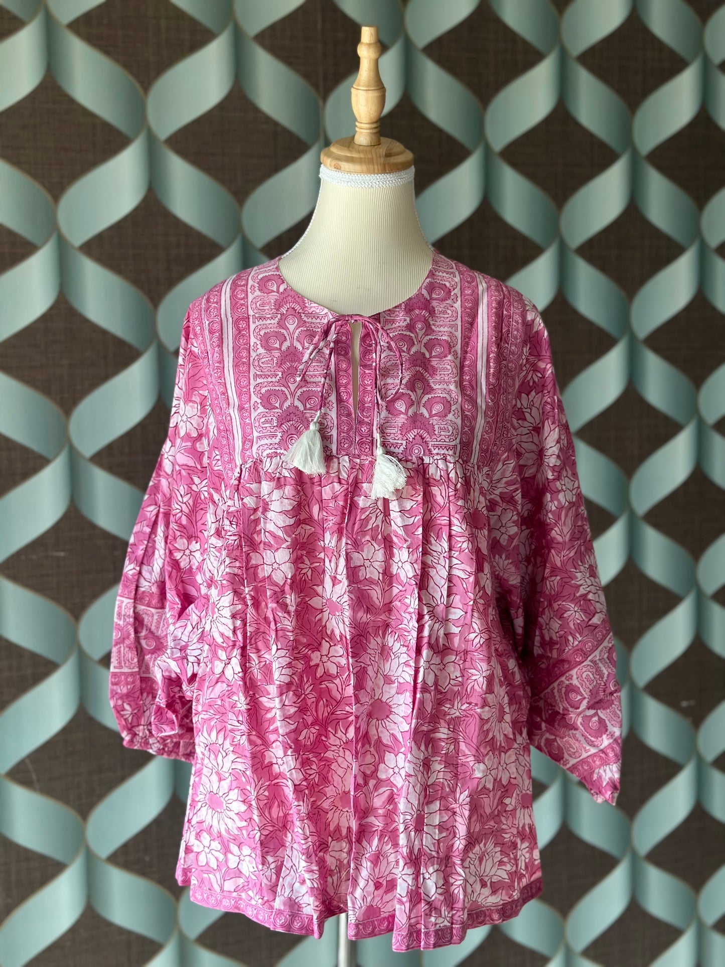 Pastel Pink Floral Handblock Printed Boho Top
