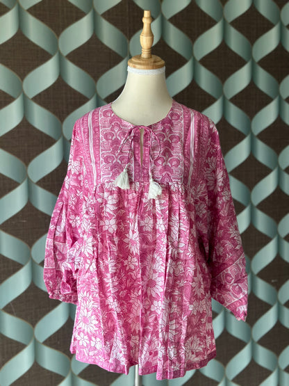 Pastel Pink Floral Handblock Printed Boho Top