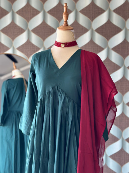 TANIKA Dark Green Pure Cotton Anarkali Set with Red Mul Cotton Dupatta