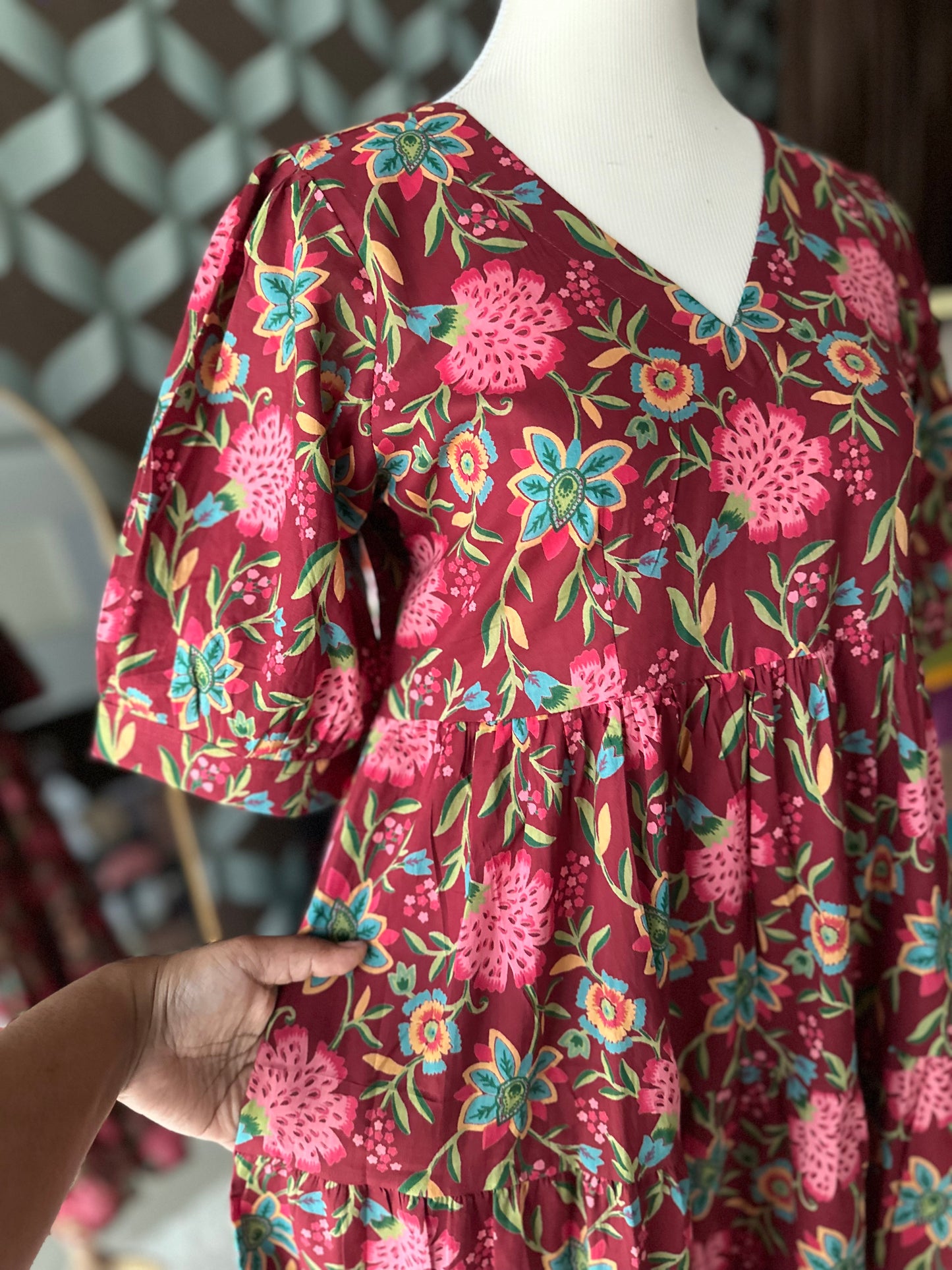 Red Multicolor Floral Tier Dress