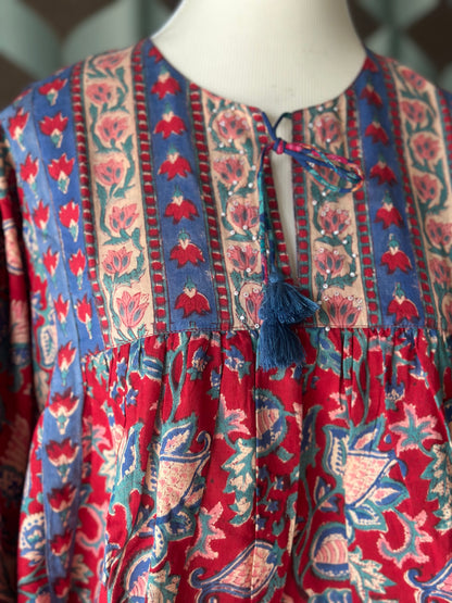 Red Floral Handblock Printed Boho Top