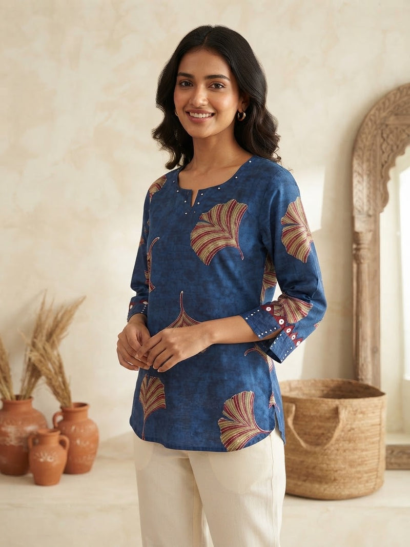 Berry Blue Printed Cotton Short Top