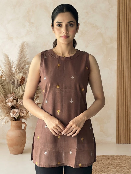 Chocolate Brown Halter Handloom Cotton Short Top