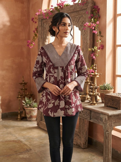 Wine Purple Floral Cotton Top