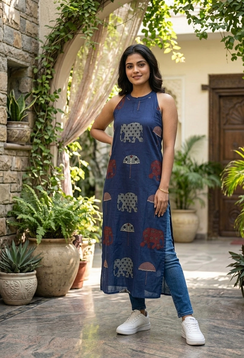 Dark Blue Elep Cotton Halter Neck